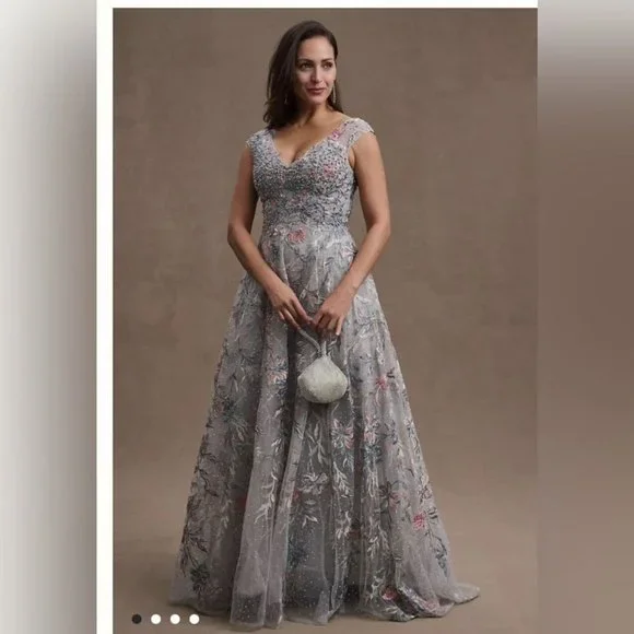 NWT MAC DUGGAL EMBROIDERED ILLUSION CAP SLEEVE A LINE GOWN SILVER 20263 - Picture 3 of 8